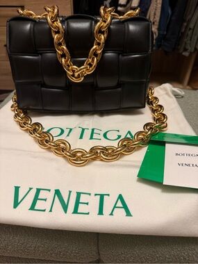 Bottega Veneta Black Padded Cassette Shoulder Bag with Gold Chain Strap